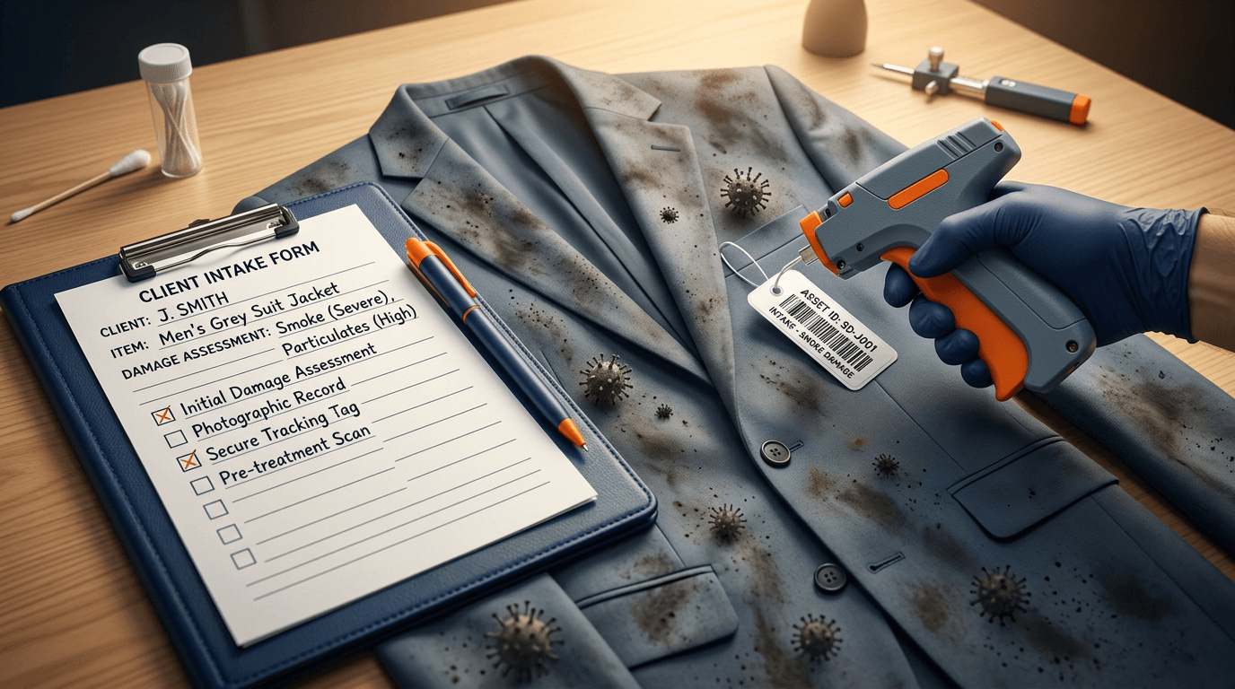 Professional intake process showing clipboard checklist and garment tagging
