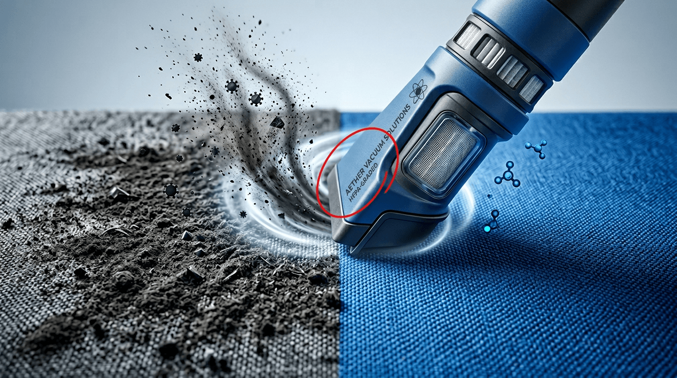 Close-up of HEPA vacuum nozzle removing soot particles from fabric