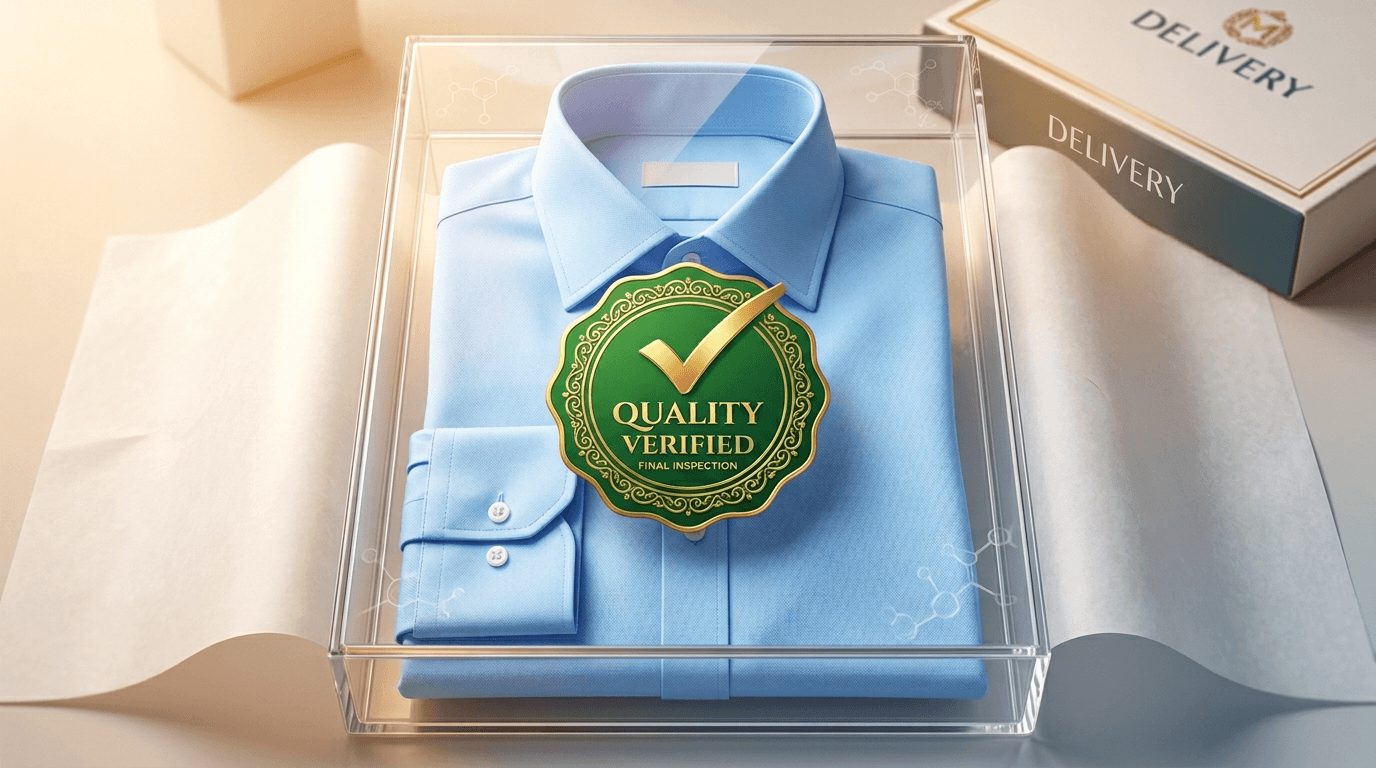 Perfectly pressed and packaged blue dress shirt with quality seal