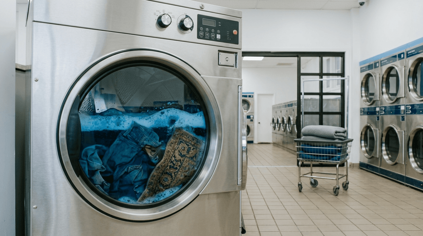 Commercial laundry machine performing deep restoration cleaning cycle