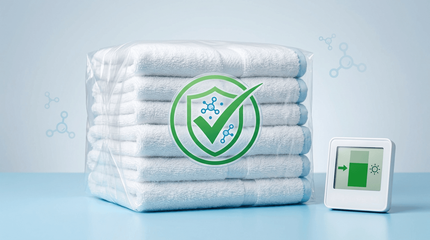 Perfectly dry, folded linens sealed in protective packaging with mold-free verification